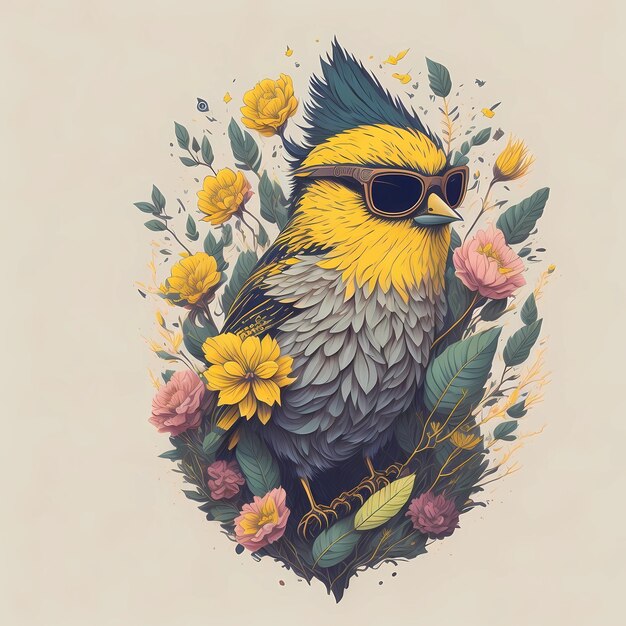 Un oiseau avec des lunettes de soleil et un oiseau jaune portant des lunettes de soleil.