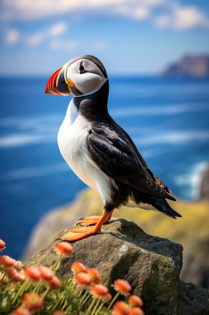 Oiseau macareux moine près du paysage océanique Fratercula arctica Generative ai