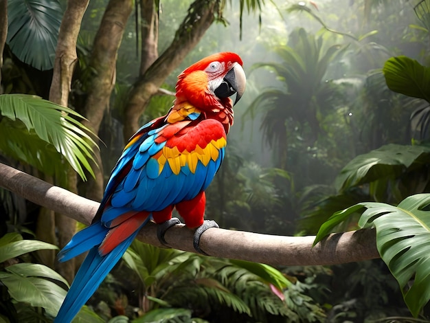 Photo oiseau macaw coloré dans la forêt tropicale généré par l'ia