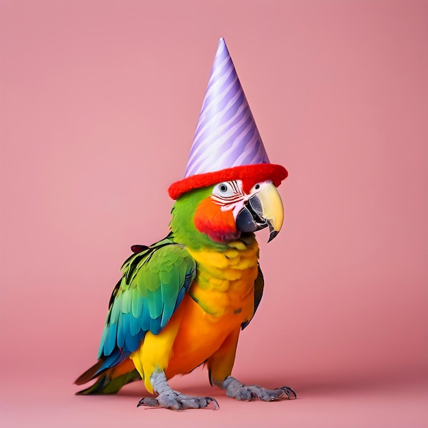 Oiseau macaw perroquet avec des ballons colorés et un chapeau en fête sur fond rose