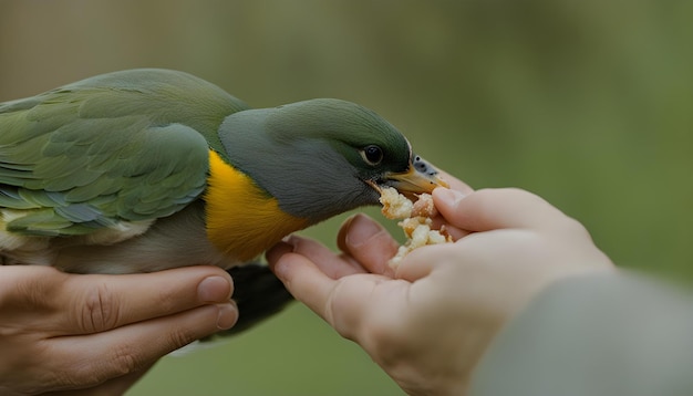 Photo un oiseau mange de la nourriture de la main de quelqu'un