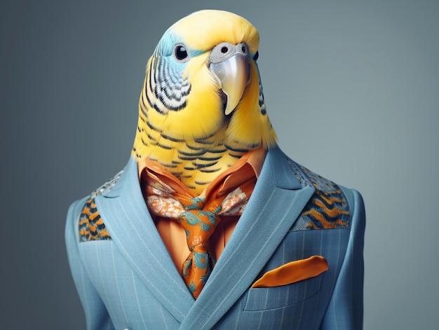 Oiseau mannequin en veste et cravate de luxe Generative AI