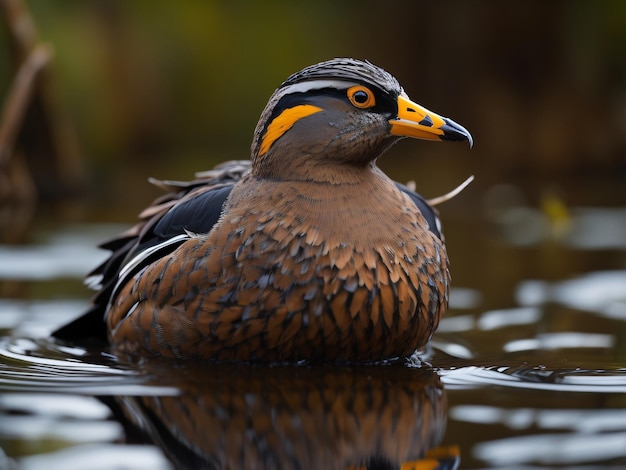 Un oiseau avec des marques orange sur la tête nage dans un étang.