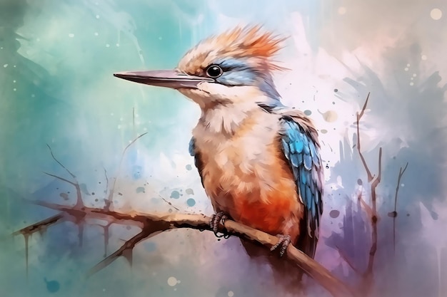 Oiseau Martin-pêcheur mignon et coloré assis sur une branche Abstrait de style de peinture à l'aquarelle