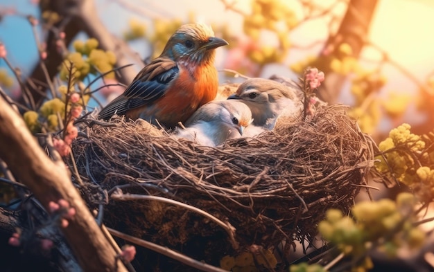 Oiseau mère avec des bébés