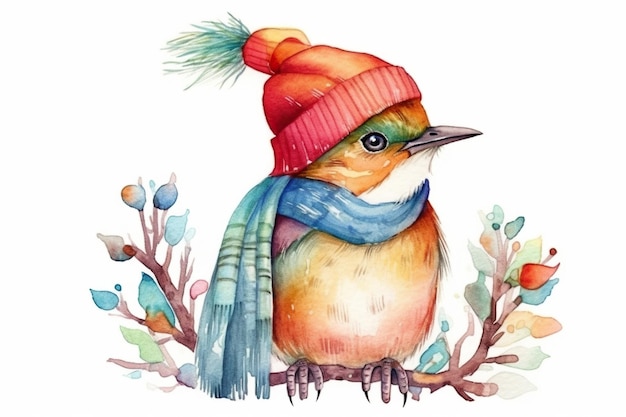 Oiseau mignon en écharpe colorée et chapeau d'hiver AI génératif