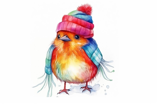 Oiseau mignon en écharpe colorée et chapeau d'hiver AI générative