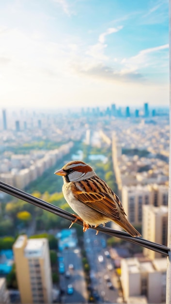 un oiseau moineau debout sur un mince fil électrique à une énorme hauteur sur une rue très fréquentée et en dessous d'un sommet