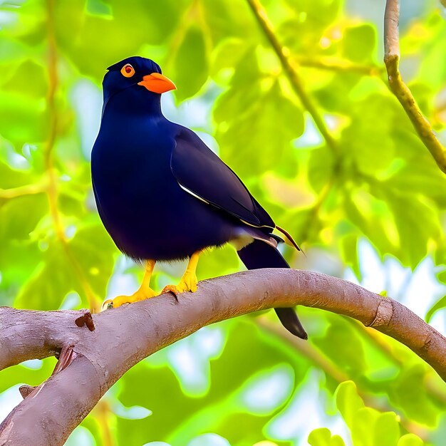 Un oiseau Myna est assis sur une branche d'arbre