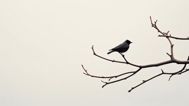 un oiseau noir assis sur une branche d'arbre nue