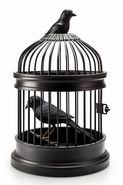 Un oiseau noir dans une cage avec le mot oiseau dessus