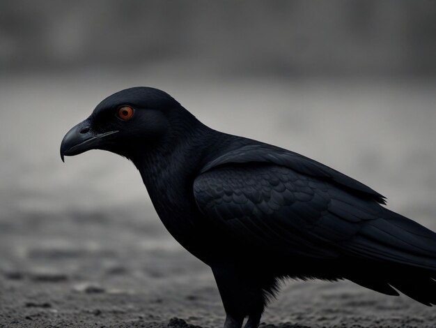 un oiseau noir avec un œil rouge et un œil jaune