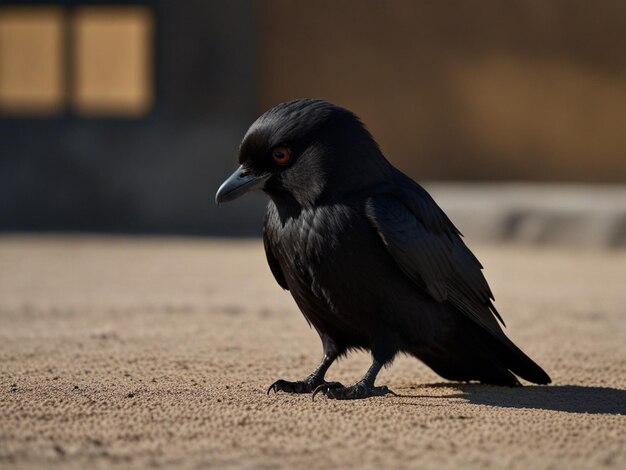 un oiseau noir avec un œil rouge et un œil jaune