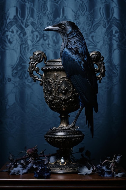 un oiseau noir posé sur un vase