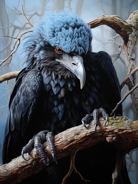 un oiseau noir avec une tête bleue et un œil rouge.