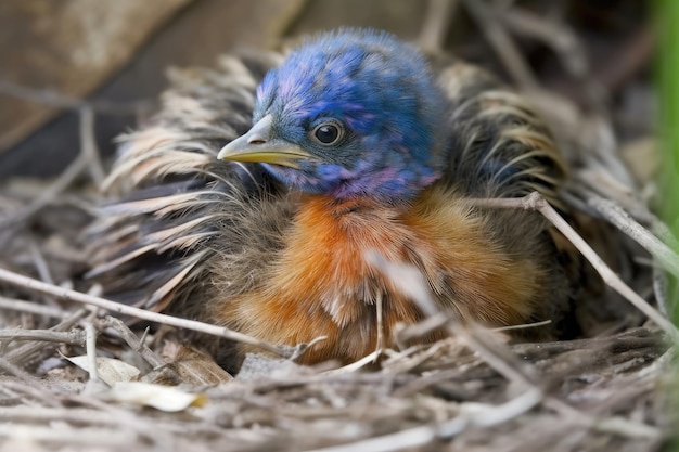 Oiseau nouveau-né avec des plumes bleues jaunes et oranges dans son nid créé avec une IA générative