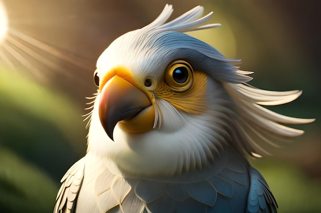 Un oiseau avec un oeil jaune et un visage bleu et blanc