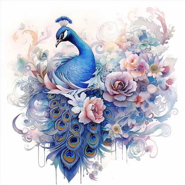 Oiseau paon peinture motif de fleurs bleues dans le style d'illustration onirique fond blanc