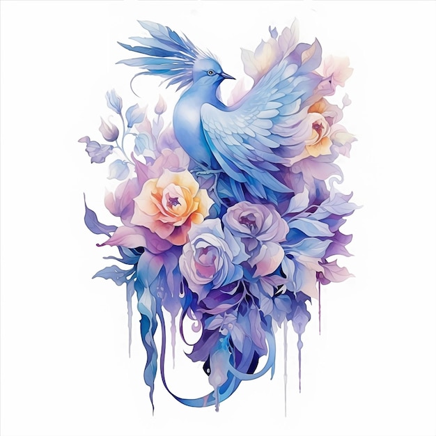 Un oiseau de paradis bleu à l'aquarelle sur fond blanc