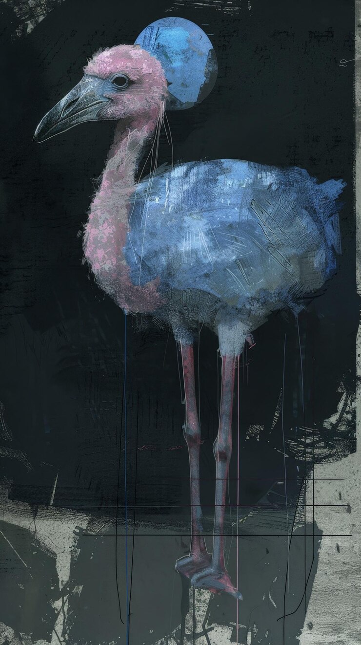 Photo un oiseau peint avec une tête bleue et de longues pattes se tient sur un fond gris et noir
