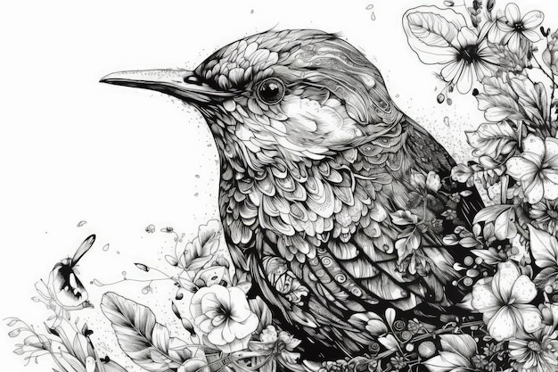 Oiseau perché sur une branche avec des fleurs en noir et blanc Generative AI