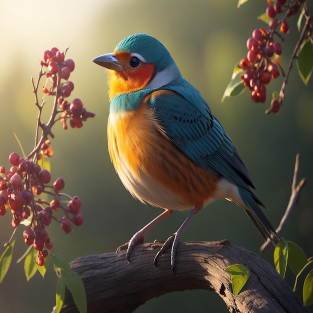 un oiseau perché sur une branche avec des fleurs roses et bleues Généré par AI