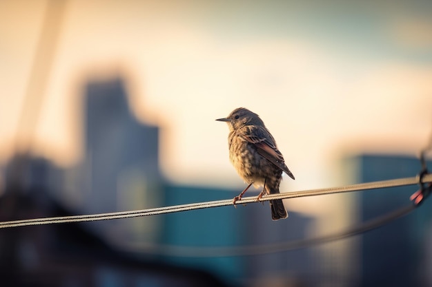 Un oiseau perché sur un fil avec un paysage urbain flou en arrière-plan