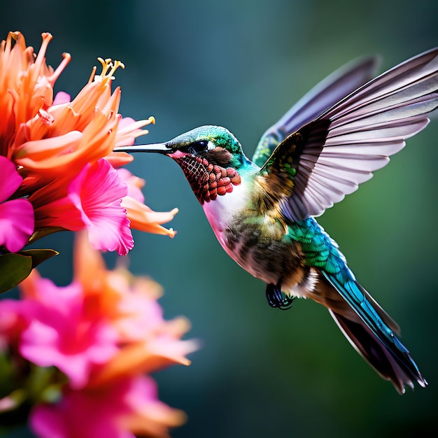 un oiseau perche une fleur avec son bec ai généré