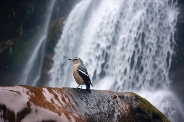 Un oiseau perché sur un rocher devant une cascade