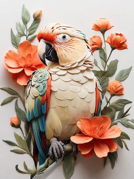 un oiseau perroquet perché sur des bourgeons de fleurs de branche des arbres avec un fond blanc