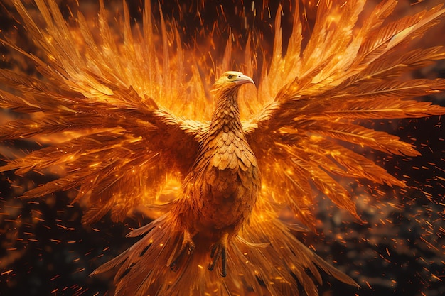 Photo oiseau phénix aux ailes déployées s'élevant, brûlant dans les flammes, puissance épique de renaissance du feu de l'oiseau phénix