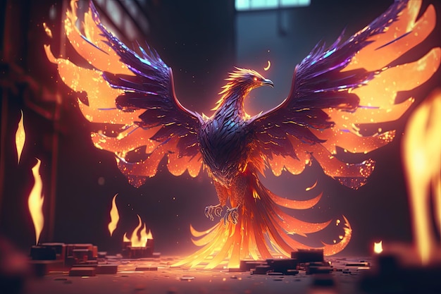 Un oiseau phénix brûle dans les flammes.