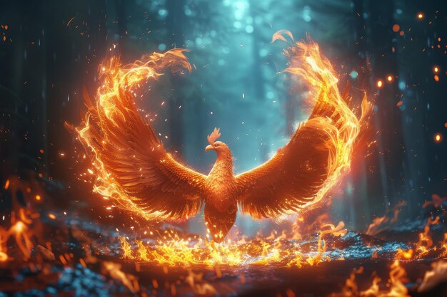 Un oiseau phénix est entouré d'un cercle de feu.