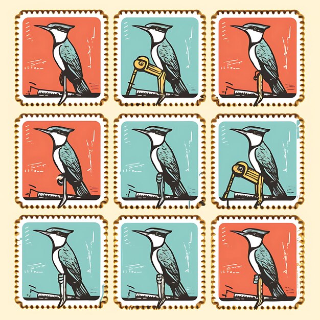Un oiseau pic coloré avec un costume de charpentier tenant un marteau et une idée de collection de timbres d'animaux