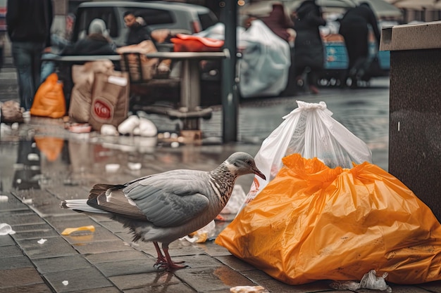 Un oiseau picorant un sac de restauration rapide entouré d'autres déchets dans la ville créé avec une IA générative