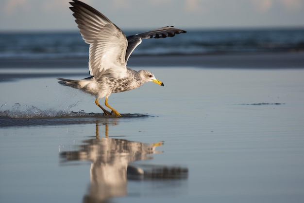 Un oiseau sur la plage avec un reflet de l'océan dans l'eau.