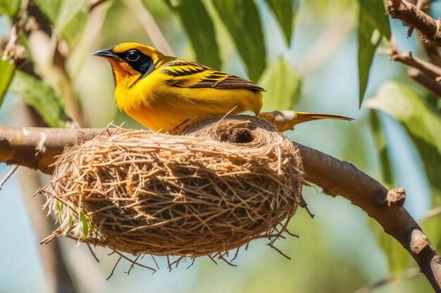 Photo un oiseau avec des plumes jaunes est assis sur un nid