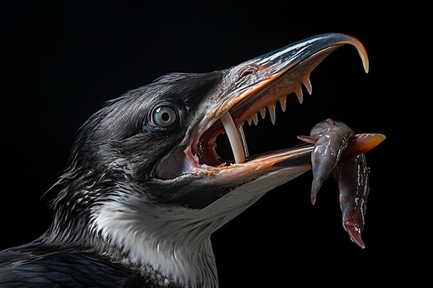 Photo un oiseau avec un poisson dans sa bouche