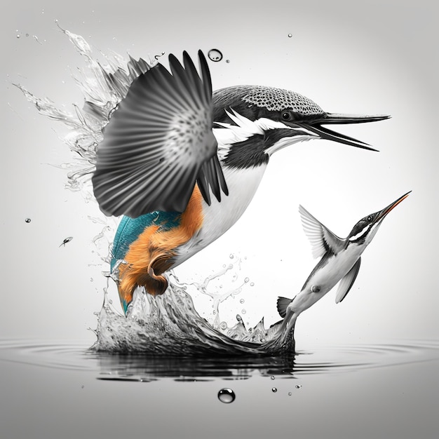 Un oiseau et un poisson volent hors de l'eau.