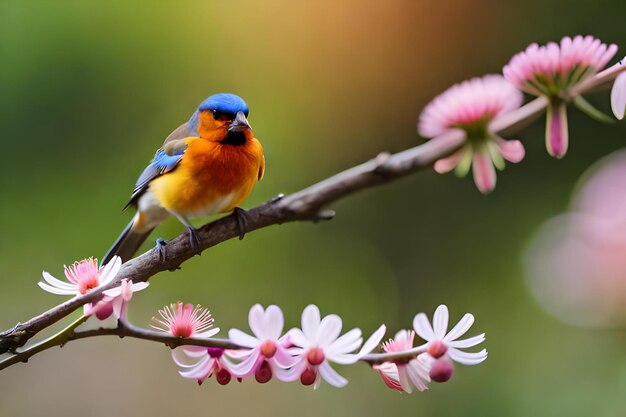 Photo un oiseau avec une poitrine bleue est assis sur une branche avec des fleurs roses.