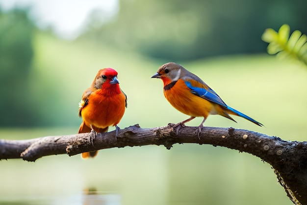 Un oiseau à la poitrine bleue et orange est assis sur une branche.
