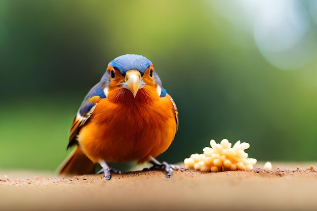 Un Oiseau à La Poitrine Bleue Et Orange Est Assis Sur Un Rebord à Côté D'un Morceau De Riz.