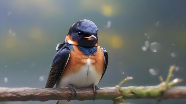 un oiseau avec une poitrine bleue et une potrine orange est assis sur une branche