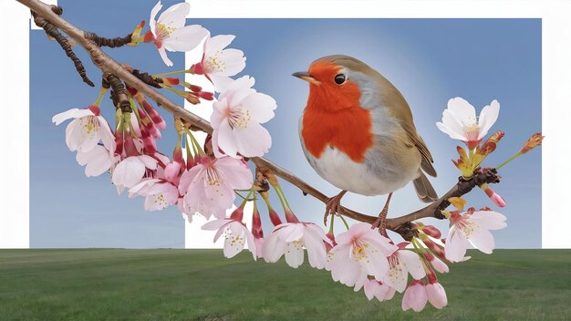 Photo l'oiseau à poitrine rouge sur la branche de la cerise en fleurs