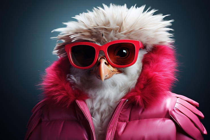 Photo oiseau portant des lunettes de soleil rouges et un manteau rose avec un collier de fourrure blanche