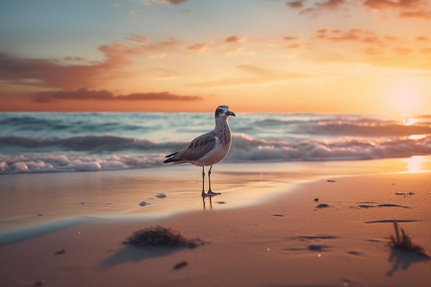 Un oiseau posé sur la plage au coucher du soleil