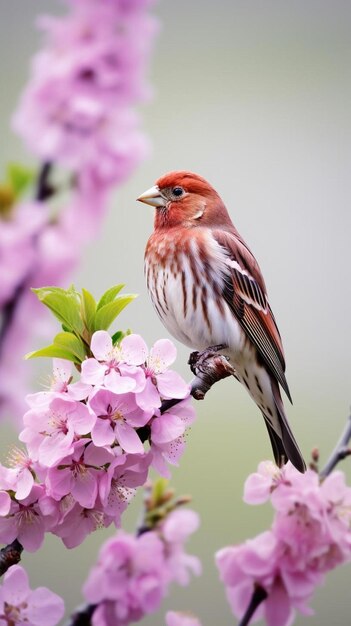 Photo l'oiseau de printemps s'assoit sur une branche d'un pommier rose en fleurs et chante