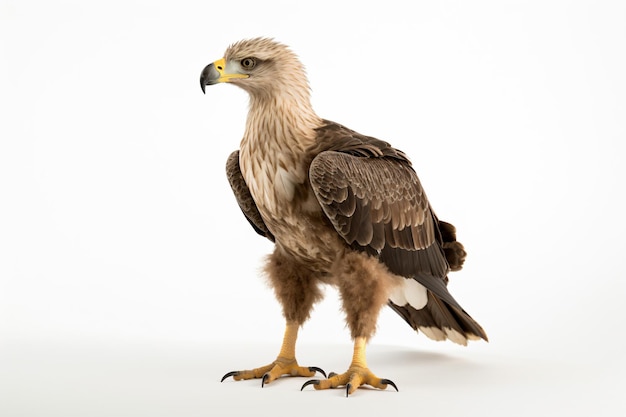 un oiseau de proie debout sur une surface blanche