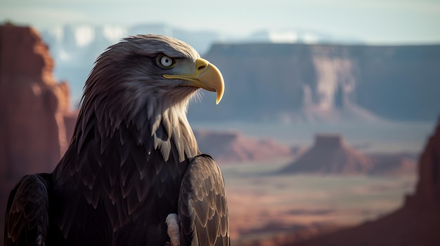 Un oiseau de proie est assis devant un paysage de montagne.