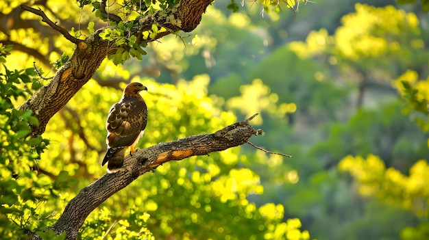 Oiseau de proie majestueux perché sur une branche d'arbre au milieu d'un feuillage vert luxuriant Photographie de la nature d'une scène sauvage Idéal pour les projets éducatifs et environnementaux AI